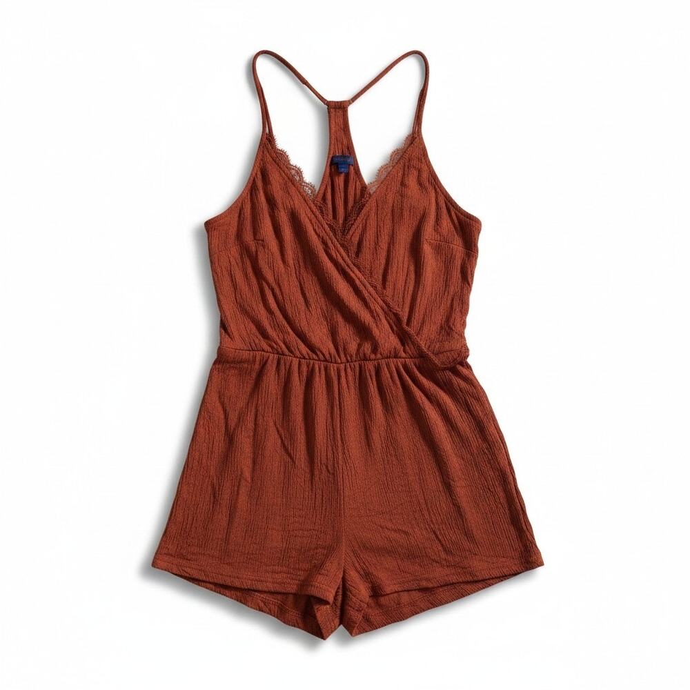 Aeropostale Womens Lace Eyelash Trim Romper Playsuit Rust Large Y2K Boho Hippie